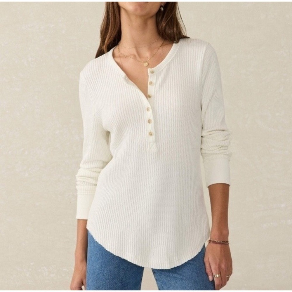Faherty Large Legend Apres Waffle Henley Top Ivory Pima Cotton Minimal